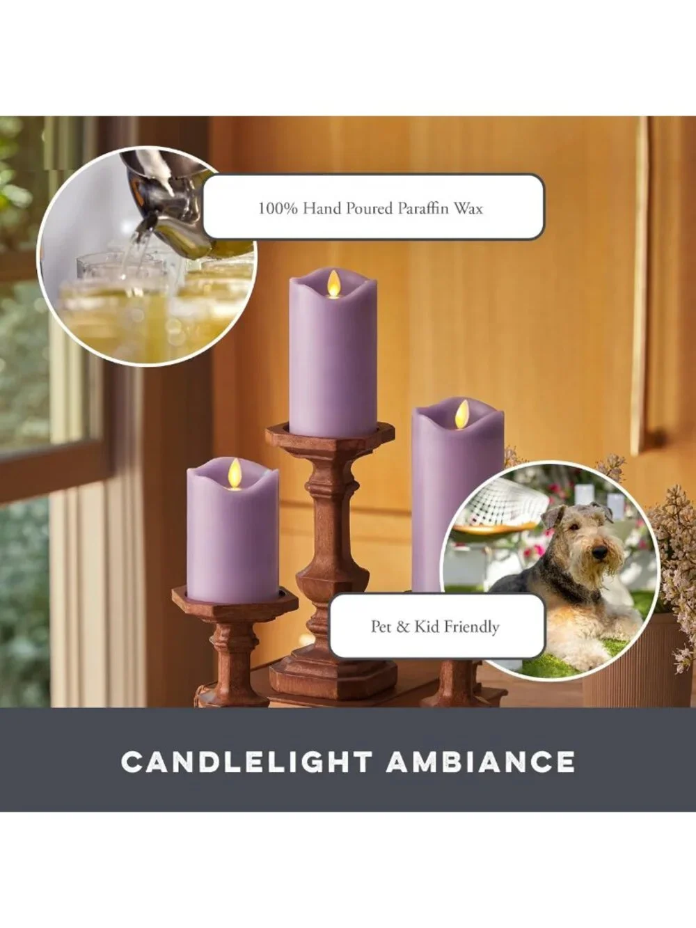 Set of 3 Flameless LED Flickering Pillar Candles - Pastel Purple - Safe